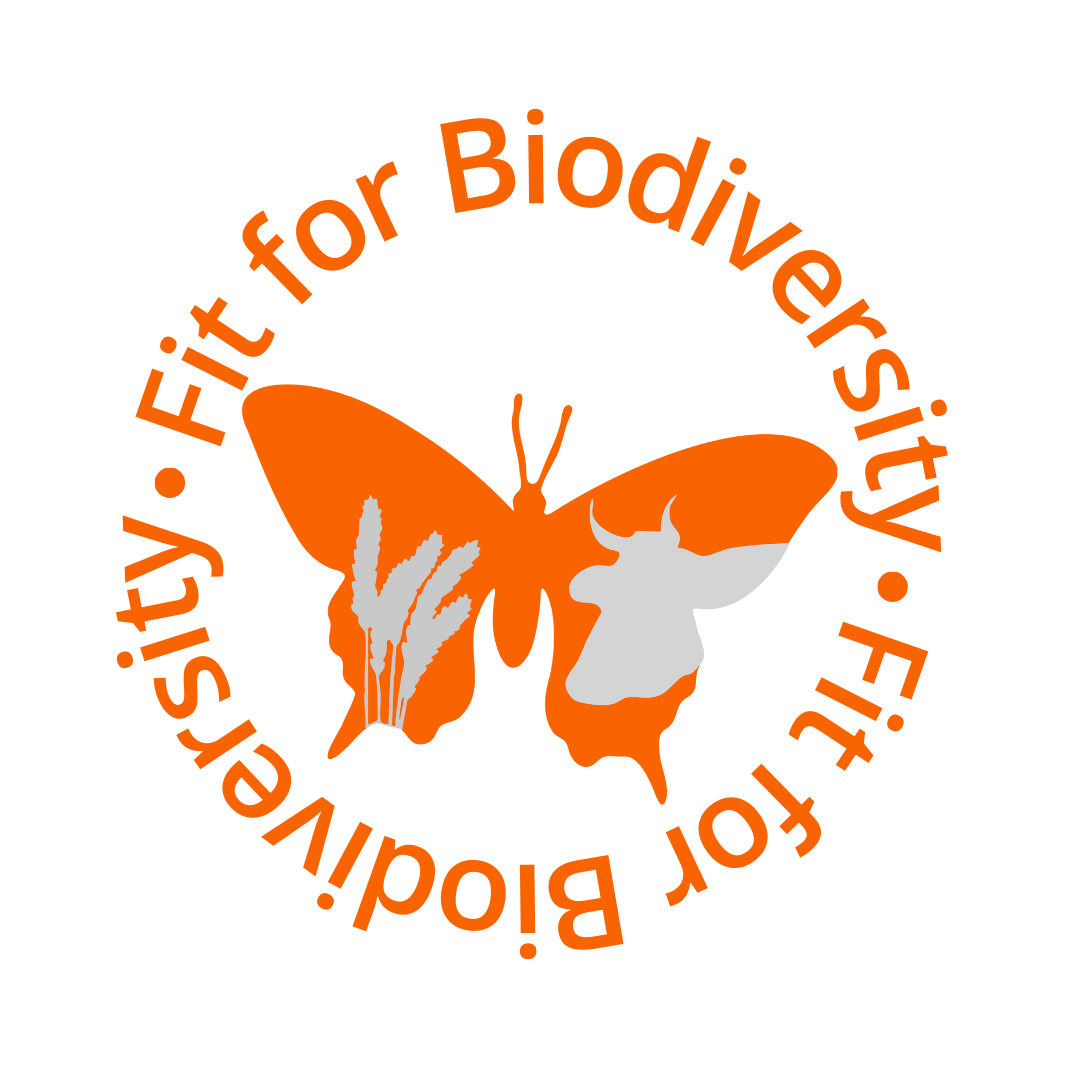 Logo des Projekts Fit for Biodiversity. Der Name des Projekts ist als Schriftzug um einen Schmetterling gelegt, in dem sich Getreidehalme und ein Rinderkopf spiegeln.