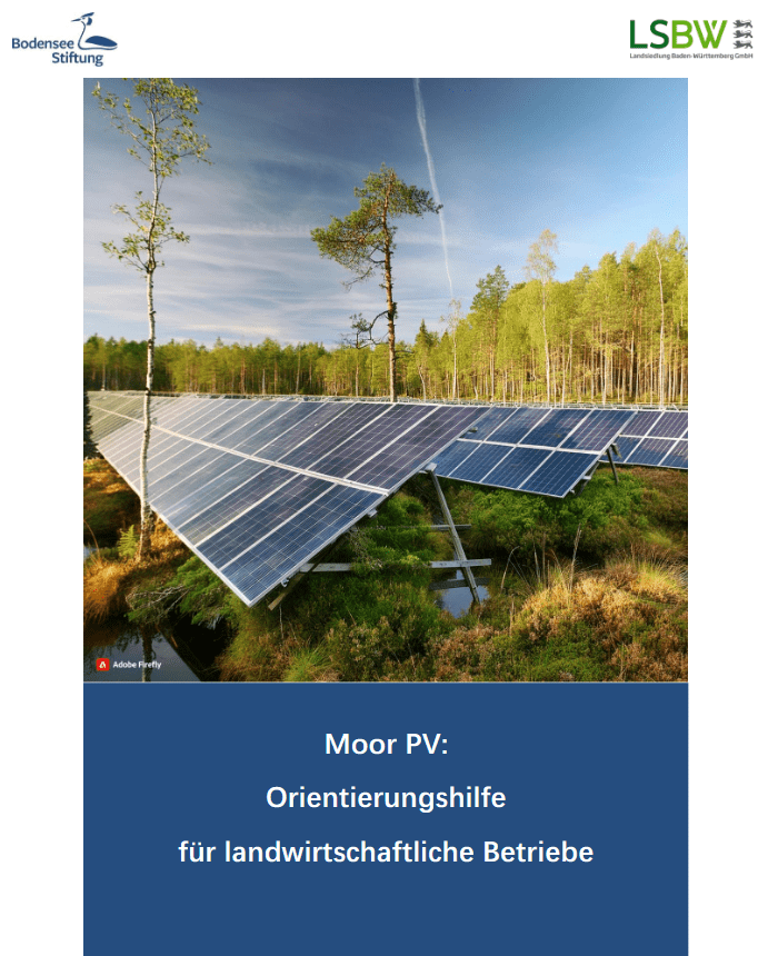 Das Bild zeigt das Cover der Orientierungshilfe von Moor-PV. Zu sehen sind PV-Anlagen auf Moorböden.