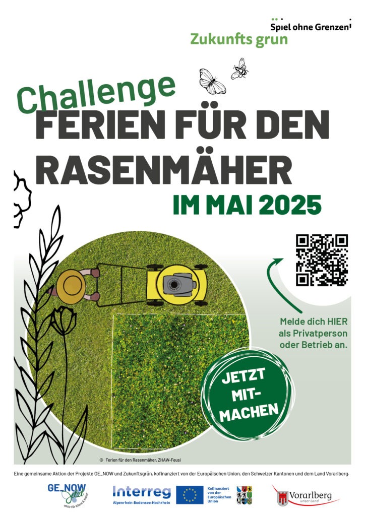 Im Blick ist das Plakat der Challenge: Ferien für den Rasenmäher im Mai 2025, die im Rahmen des Projekts Spiel ohne Grenzen! Zukunftsgrün stattfindet.