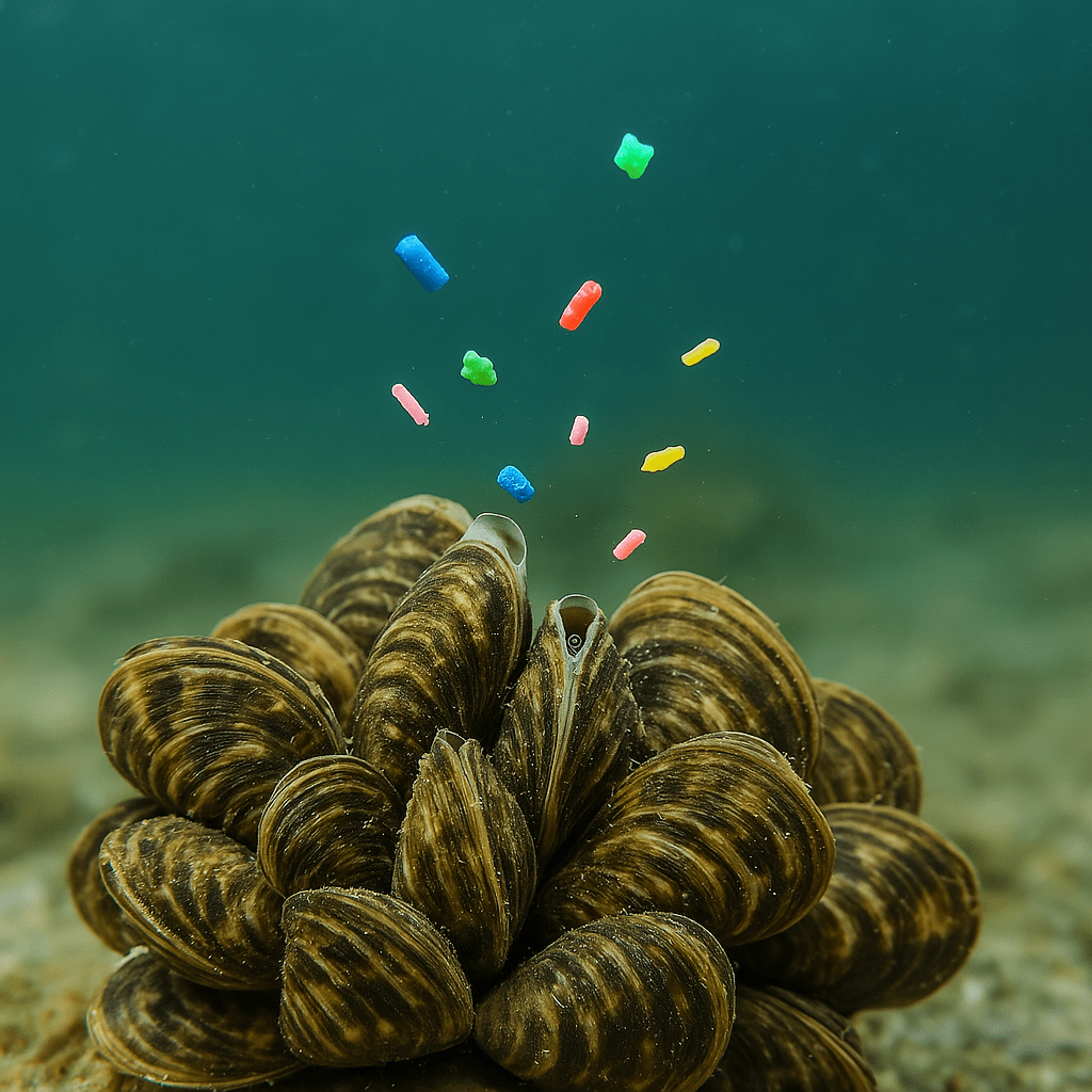 Im Blick ist eine Quagga Muschel. Sie "frisst" frisst gerade Mikroplastik Stücke. Das Bild ist KI erstellt. Es ist im Rahmen eines Aprilscherzes entstanden.