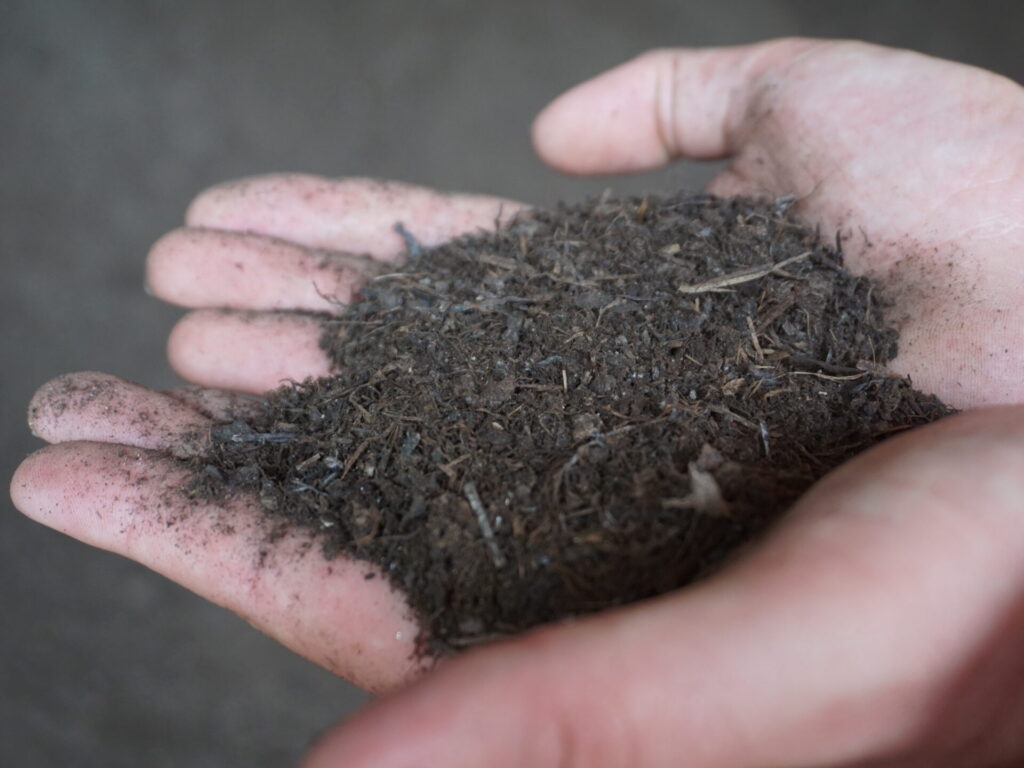 In zwei zusammengefügten offenen Handflächen liegt Kompost.