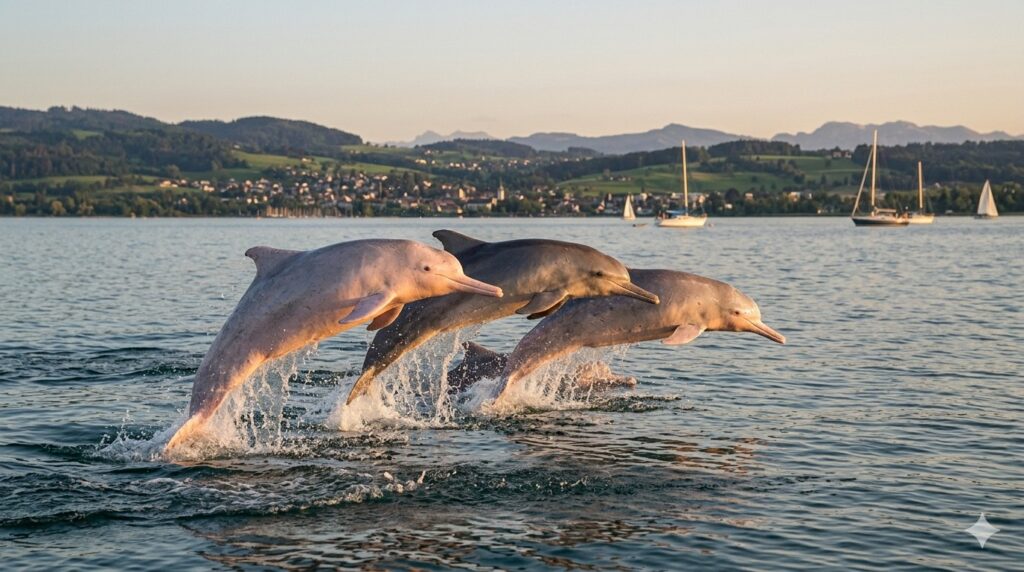 Drei Delfine springen für hügeligem Hintergrund aus dem Bodensee.
